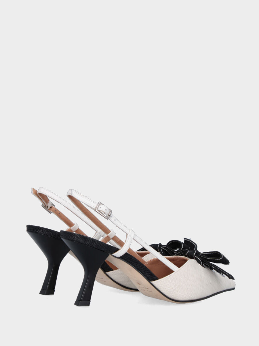 Slingback in tessuto avorio con nastro nero e tacco a calice