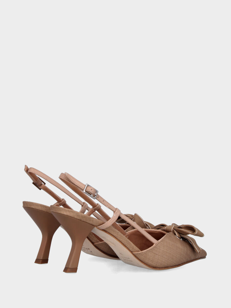 Slingback in tessuto beige con nastro e tacco a calice