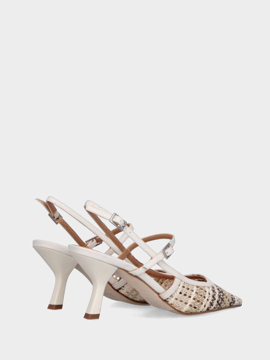 Slingback in rafia bianco avorio con tomaia intrecciata e tacco a calice