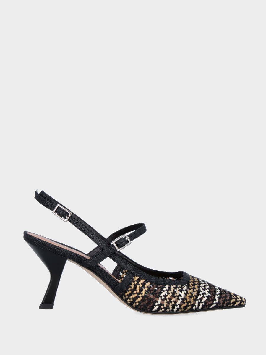Slingback in rafia nera con tomaia intrecciata e tacco a calice