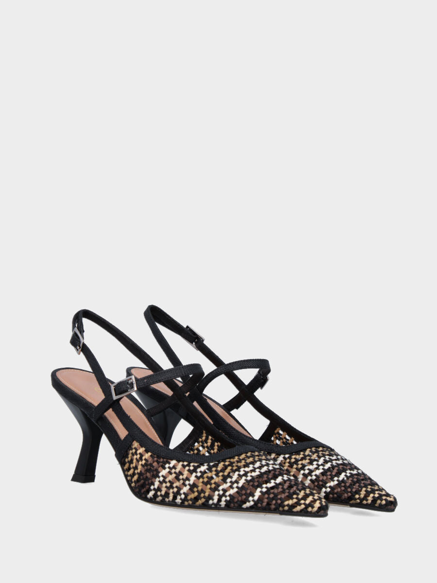 Slingback in rafia nera con tomaia intrecciata e tacco a calice