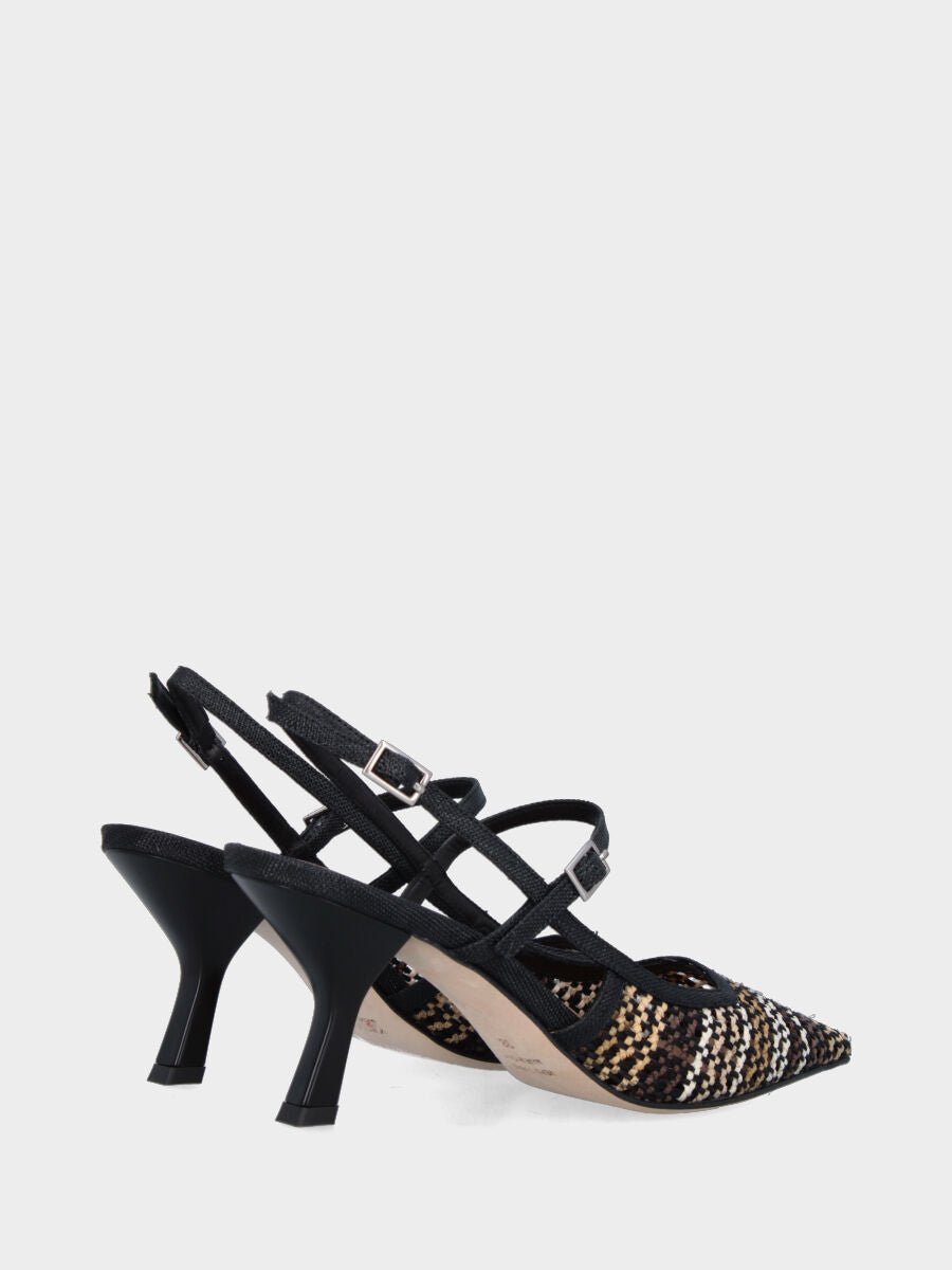 Slingback in rafia nera con tomaia intrecciata e tacco a calice