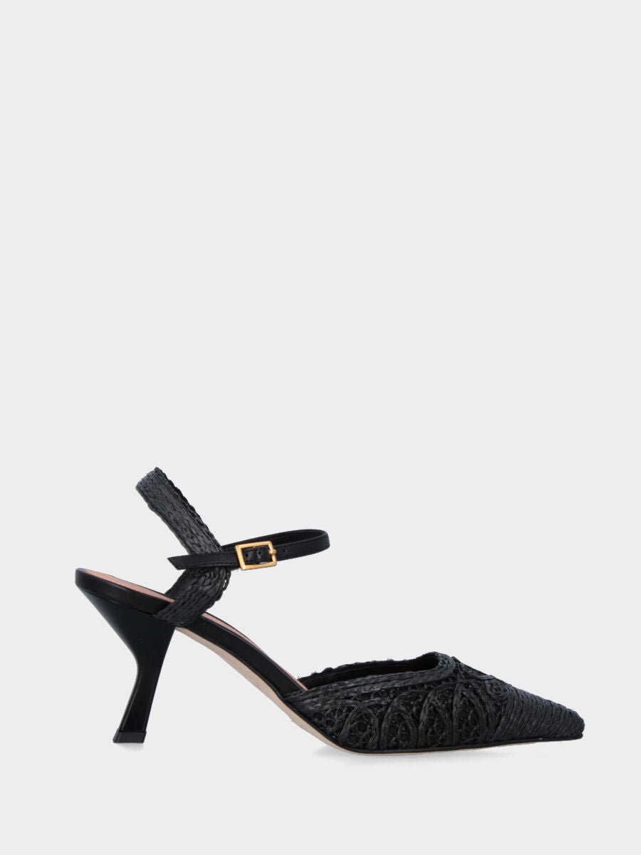 Slingback aus schwarzem Nappaleder mit Spitzengeflecht-Obermaterial
