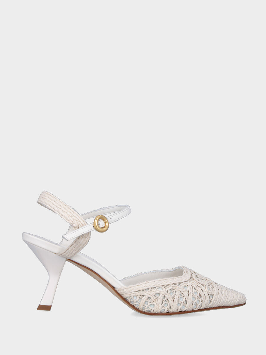 Slingback in nappa bianco latte con tomaia intrecciata a merletto