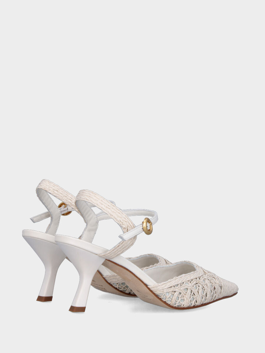Slingback in nappa bianco latte con tomaia intrecciata a merletto