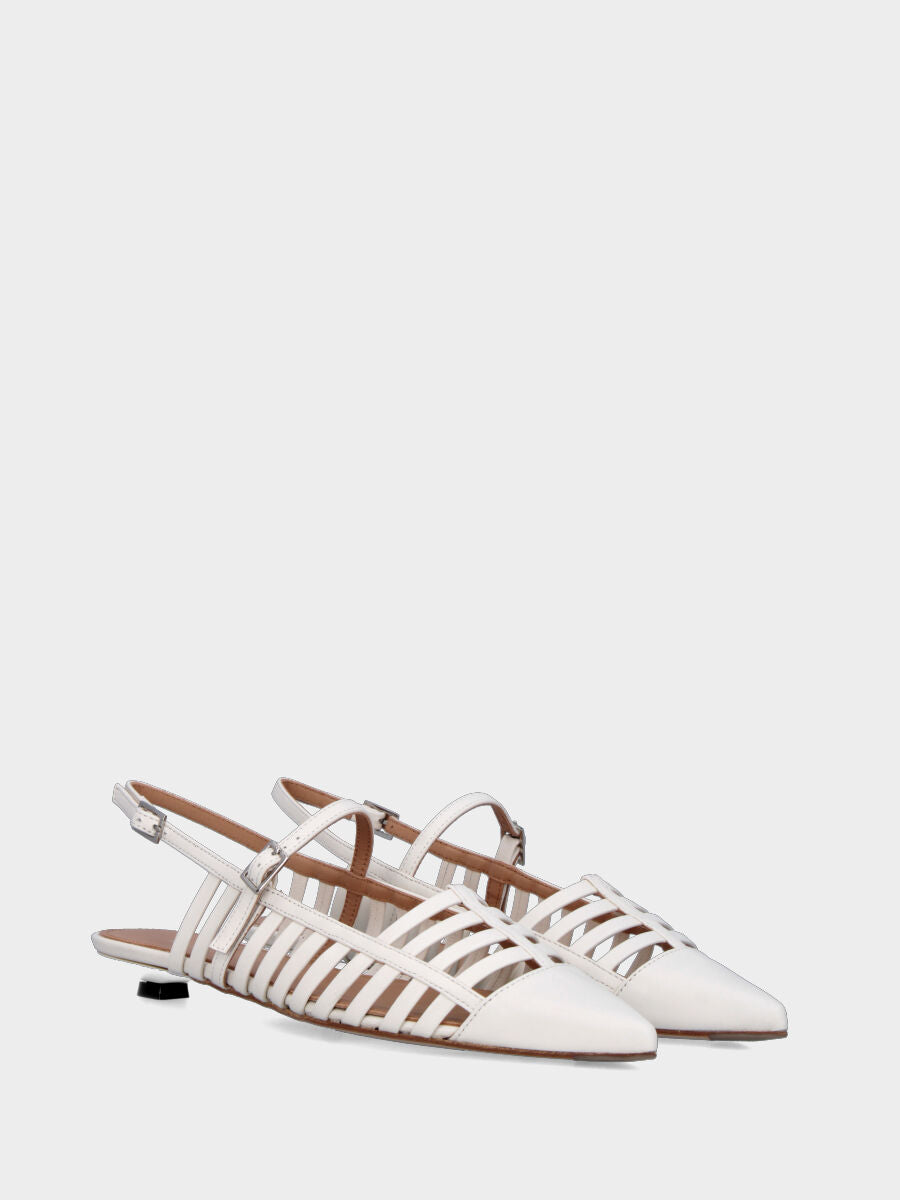Slingback in milk white nappa leather with perforated straps and block heel