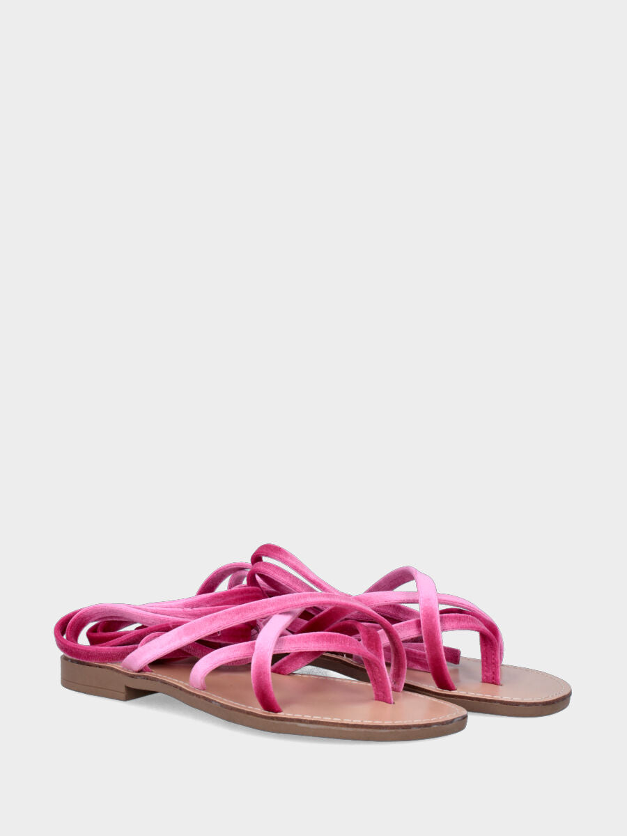Sandalo infradito in velluto fucsia con listini avvolgenti