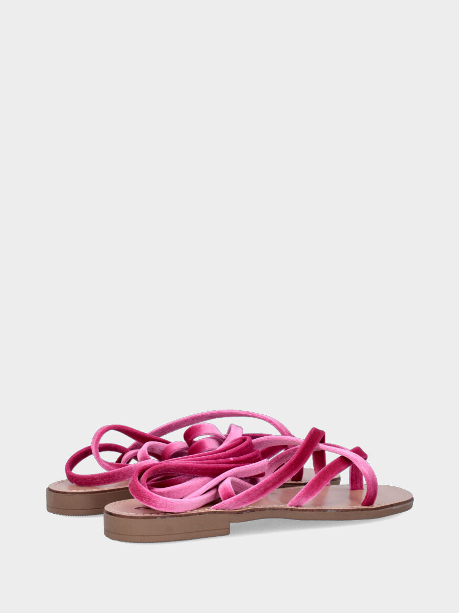 Sandalo infradito in velluto fucsia con listini avvolgenti