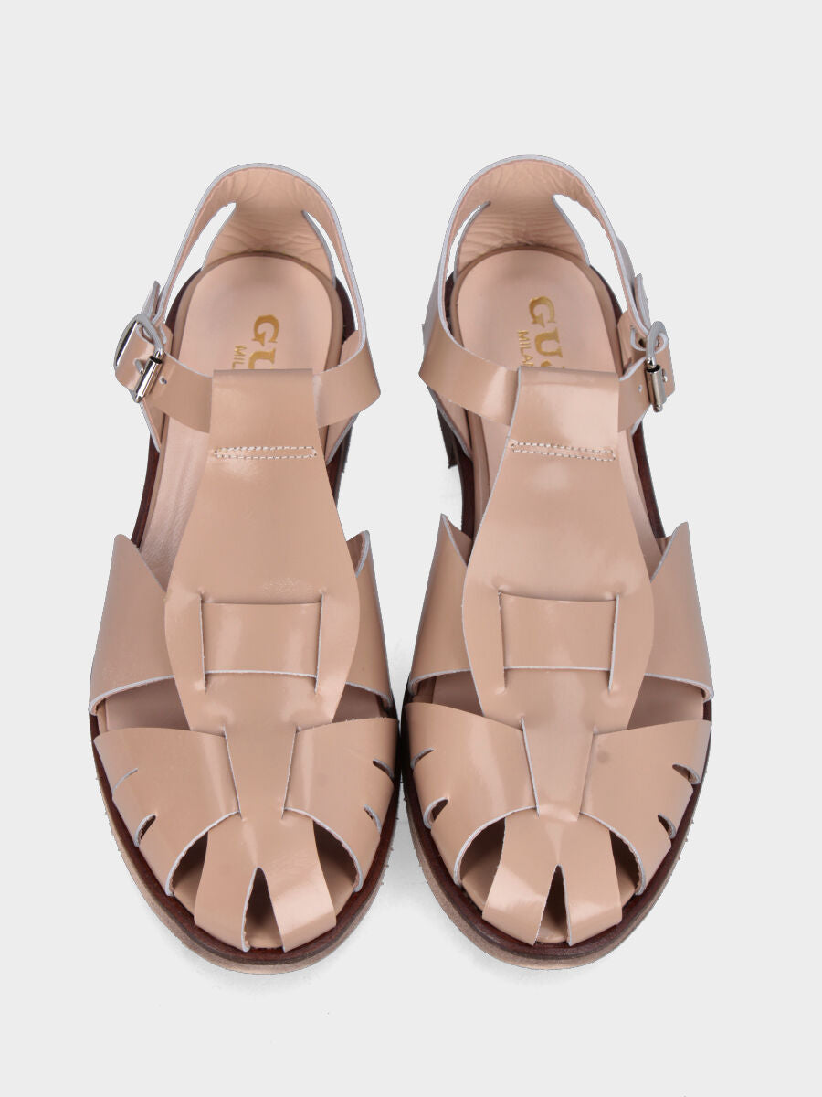 Sandalo in vitello abrasivato beige con fasce incrociate