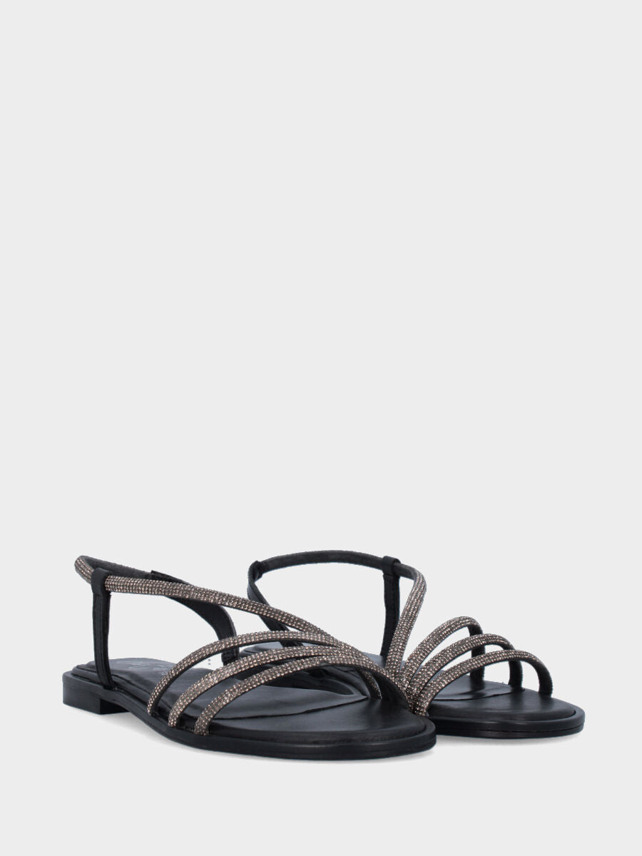 Sandalo in vitello nero con cristalli e listini tubolari