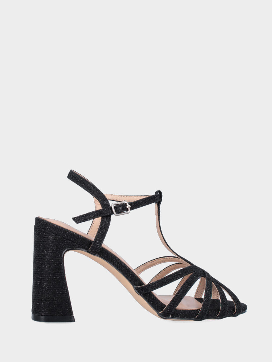 Sandalo in lurex nero con fascette arcuate e tacco a coda