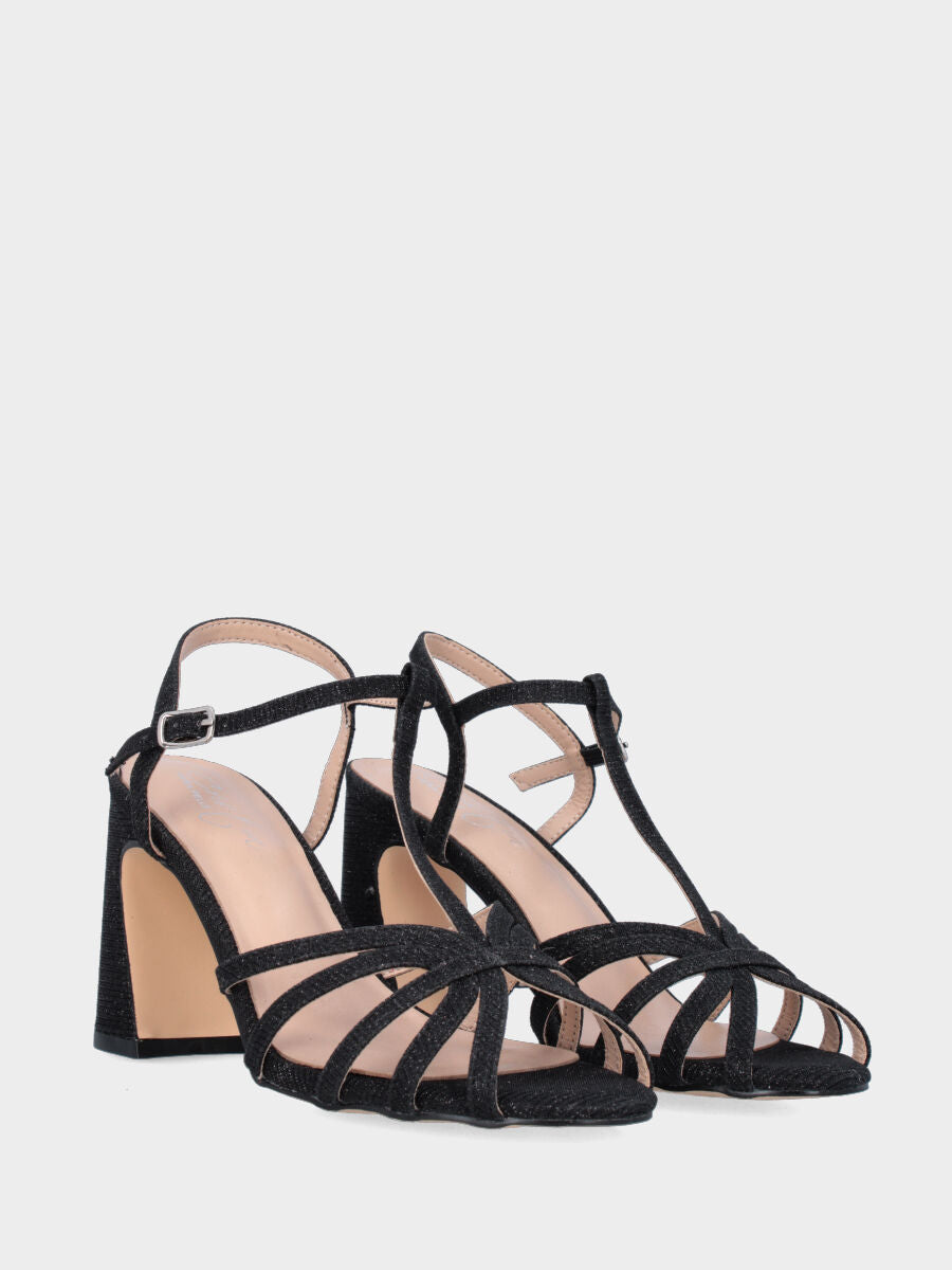 Sandalo in lurex nero con fascette arcuate e tacco a coda