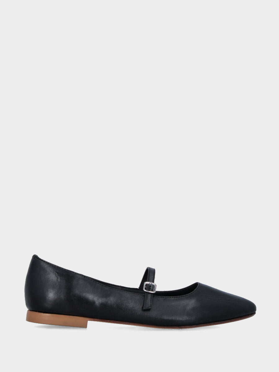 Ballerina Mary Jane in nappa nera con cinturino e lavorazione a sacchetto
