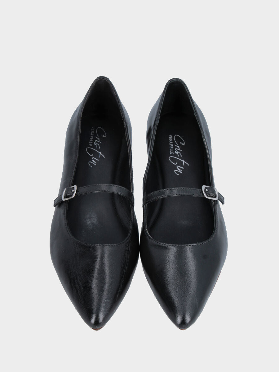 Ballerina Mary Jane in nappa nera con cinturino e lavorazione a sacchetto