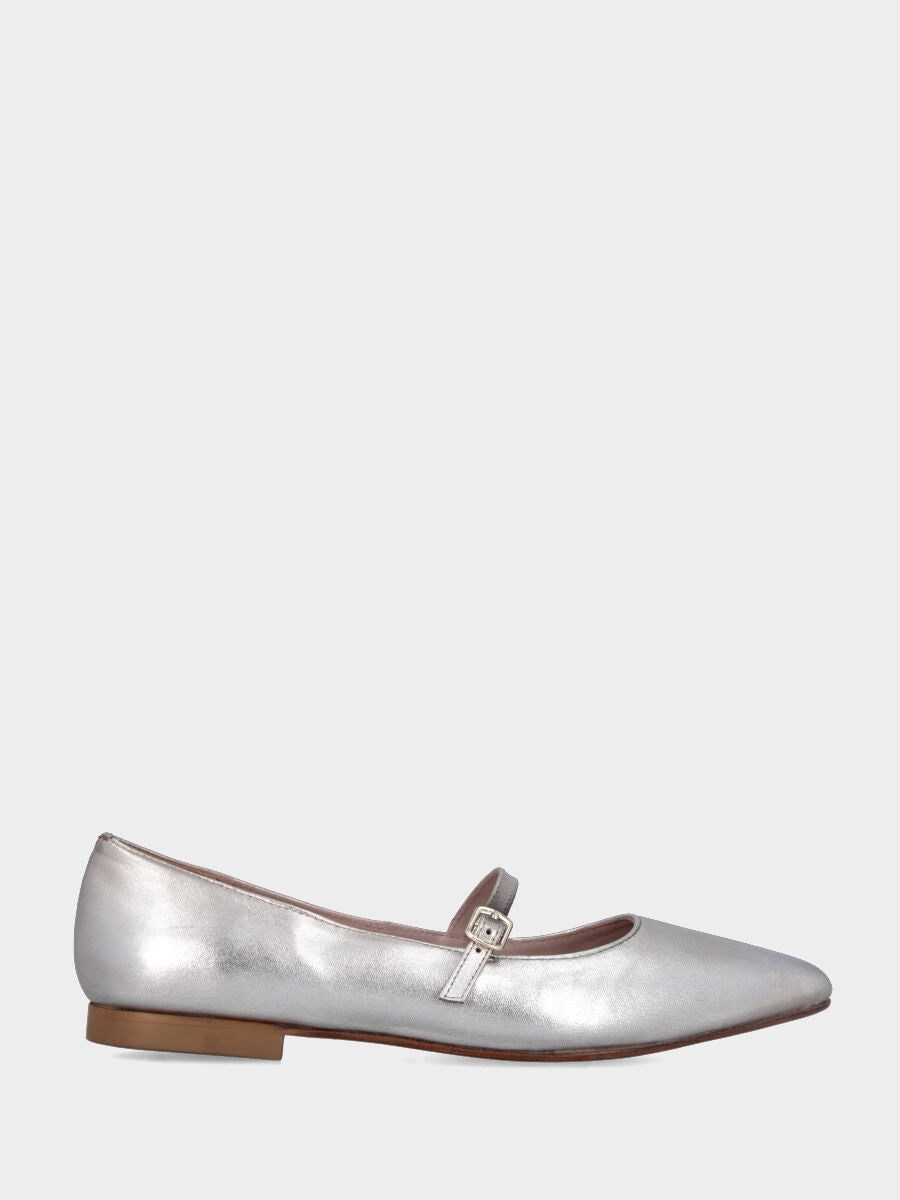 Ballerina Mary Jane in laminato platino con cinturino e lavorazione a sacchetto