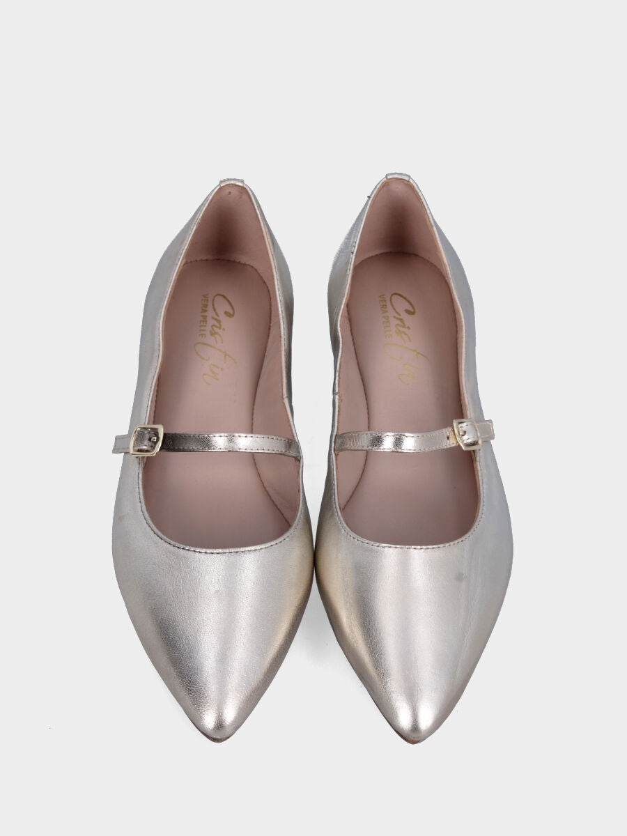 Ballerina Mary Jane in laminato platino con cinturino e lavorazione a sacchetto
