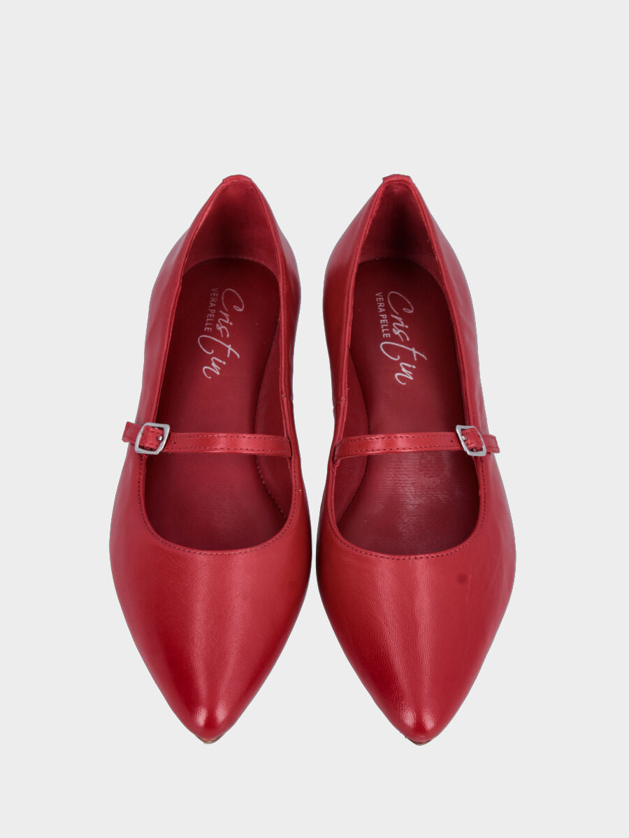 Ballerina Mary Jane in nappa rossa con cinturino e lavorazione a sacchetto
