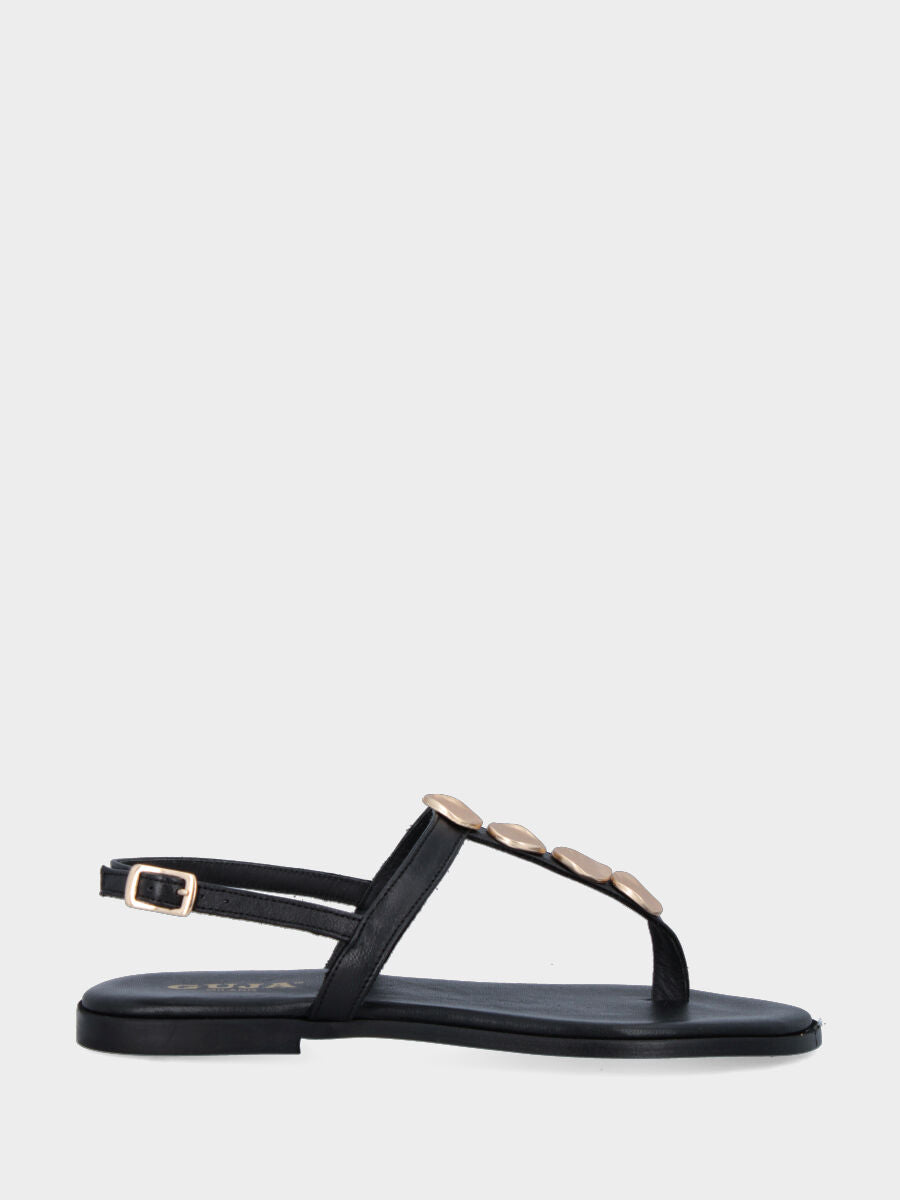 Sandalo infradito in vitello nero con dischetti metallici