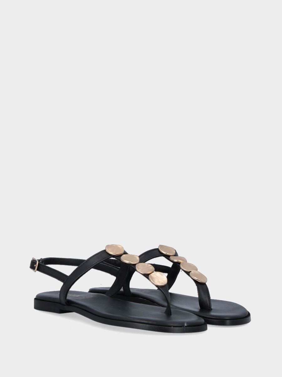 Sandalo infradito in vitello nero con dischetti metallici