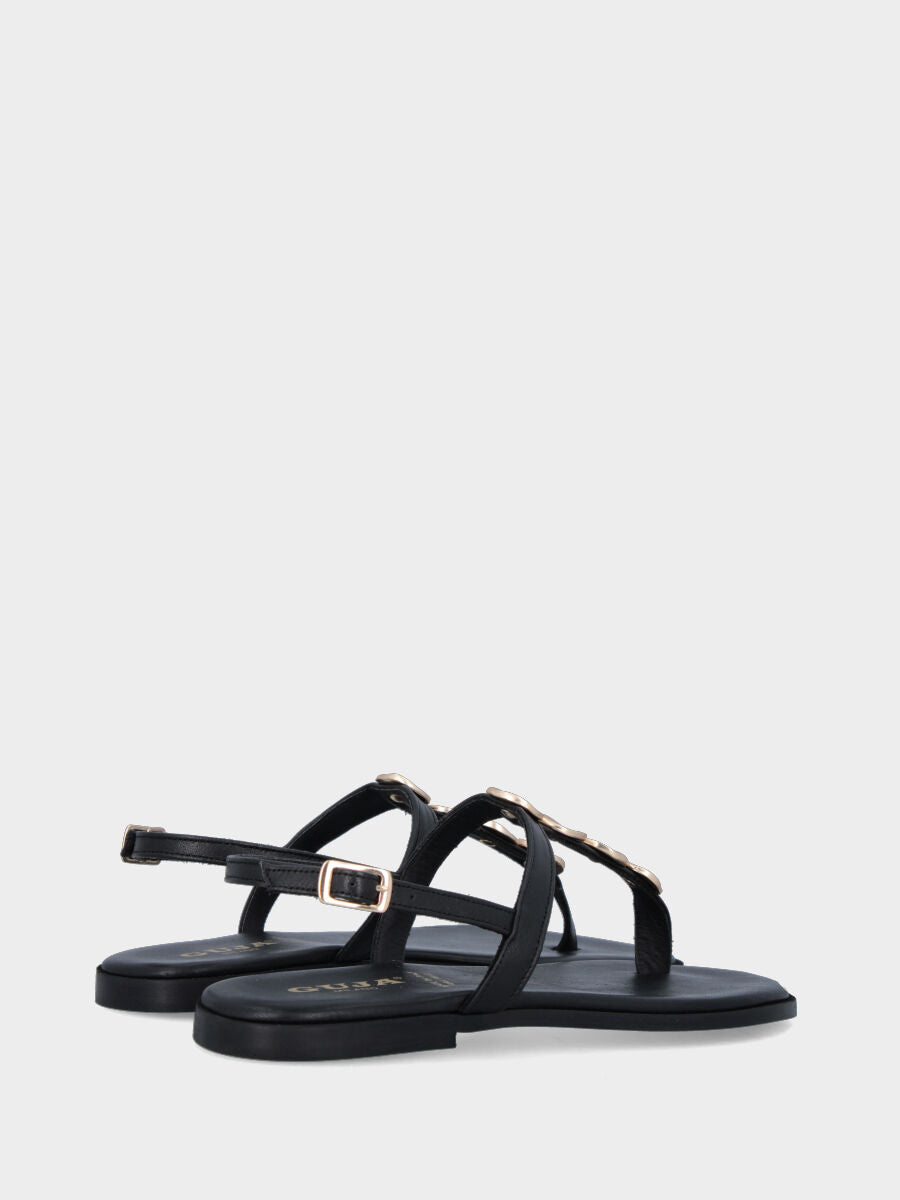 Sandalo infradito in vitello nero con dischetti metallici