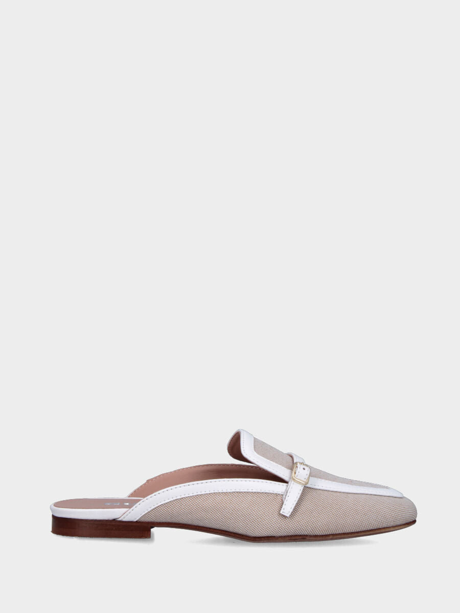 Sabot bicolore in tessuto beige con profili in pelle bianca