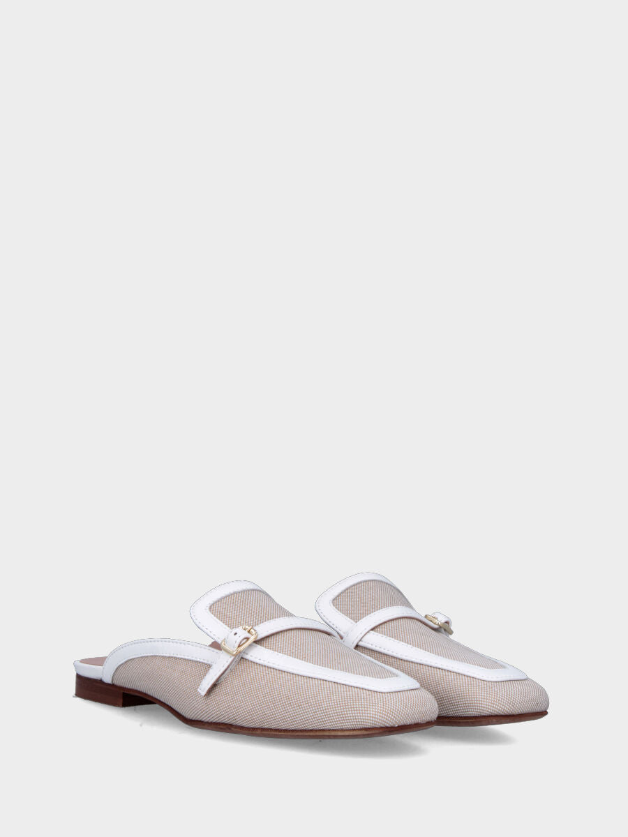 Sabot bicolore in tessuto beige con profili in pelle bianca