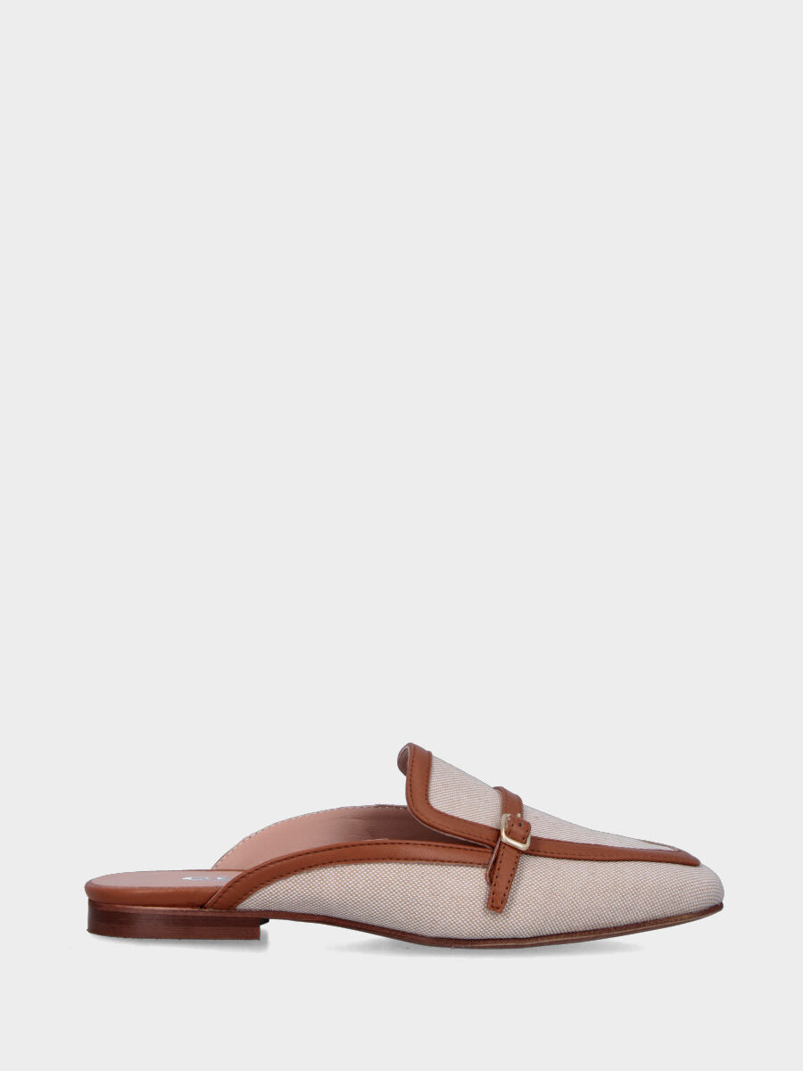 Sabot bicolore in tessuto beige con profili in pelle color cuoio