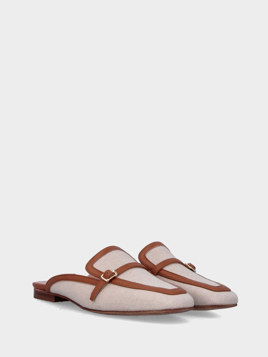 Sabot bicolore in tessuto beige con profili in pelle color cuoio