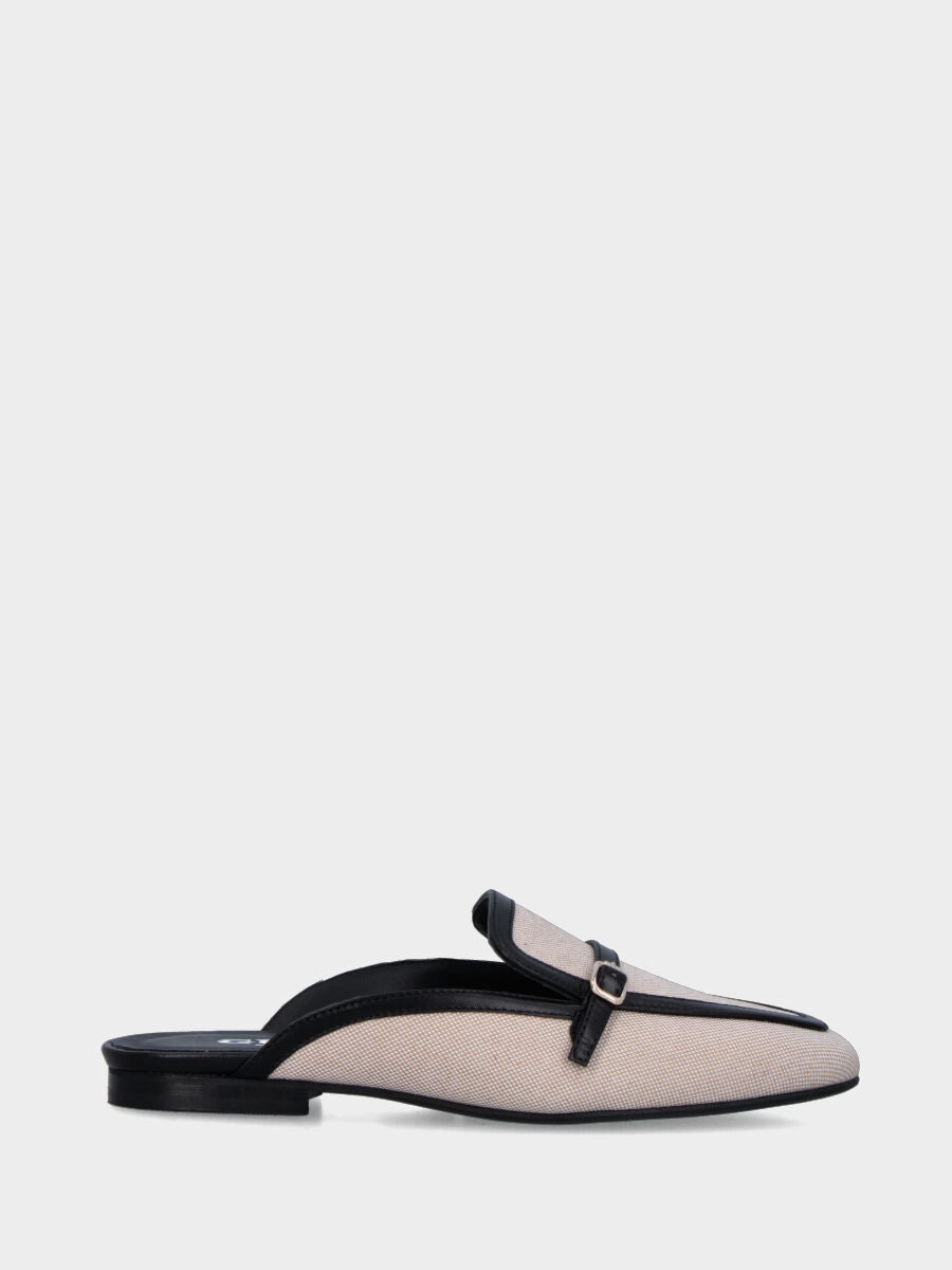 Sabot bicolore in tessuto beige con profili in pelle nera