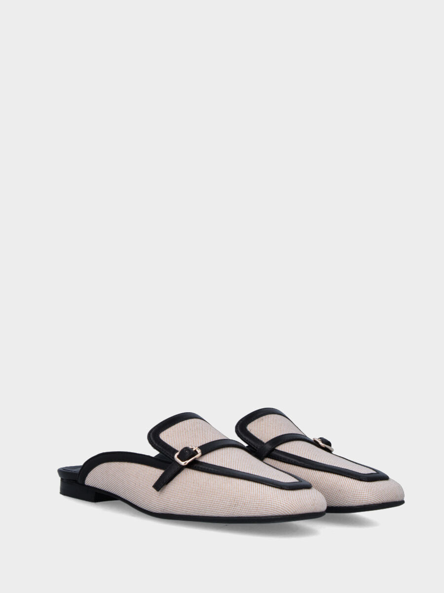 Sabot bicolore in tessuto beige con profili in pelle nera