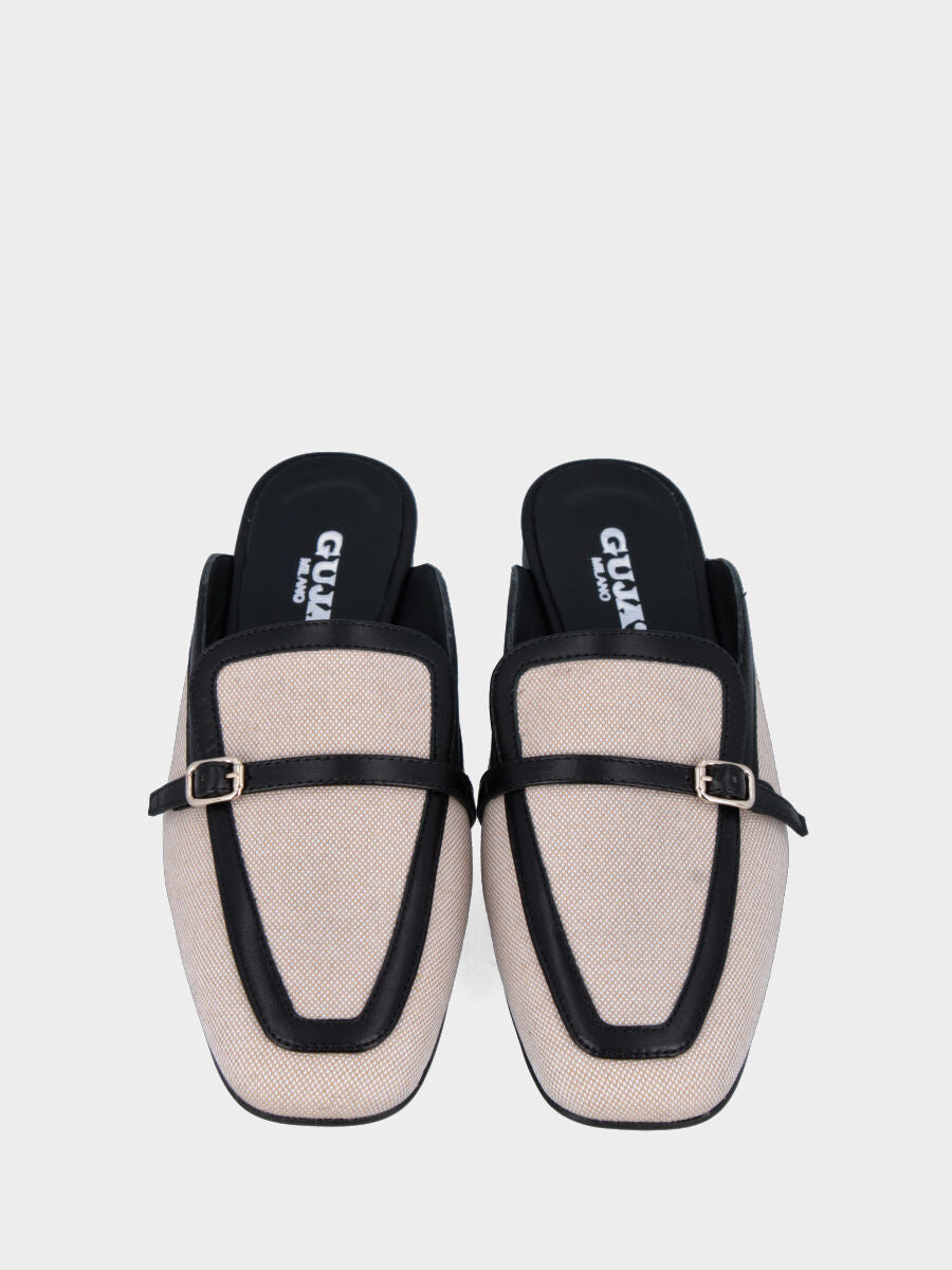 Sabot bicolore in tessuto beige con profili in pelle nera