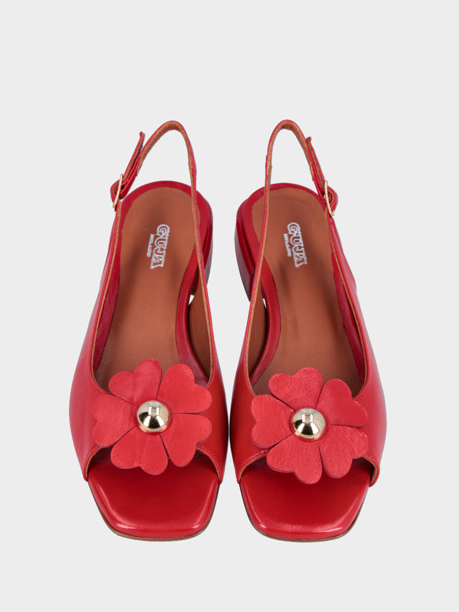 Sandalo slingback in verlux rosso con fiore sullo scollo