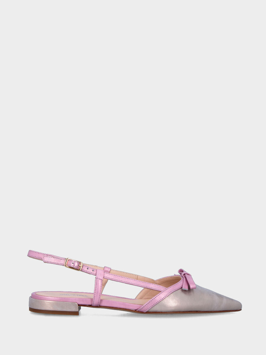 Slingback in laminato bicolore bronzo e rosa con fiocchetto