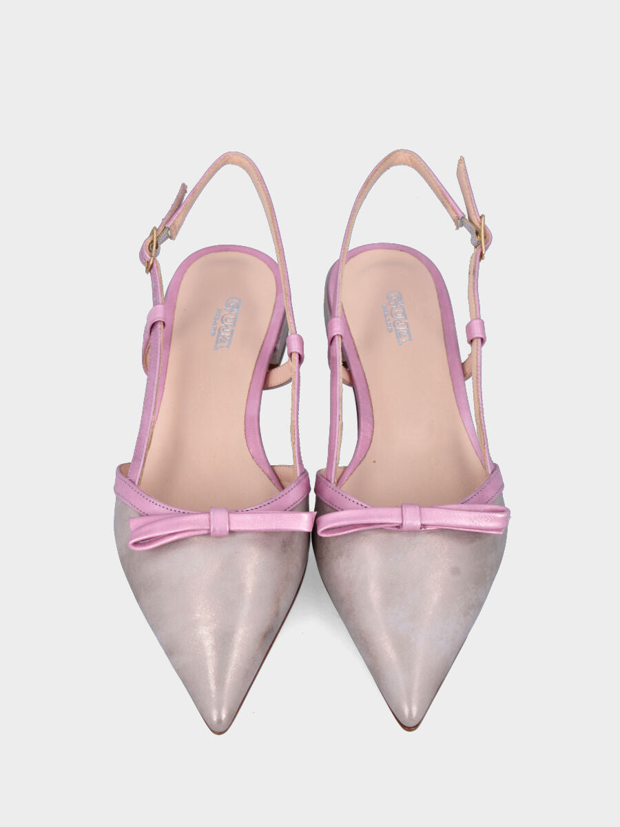 Slingback in laminato bicolore bronzo e rosa con fiocchetto