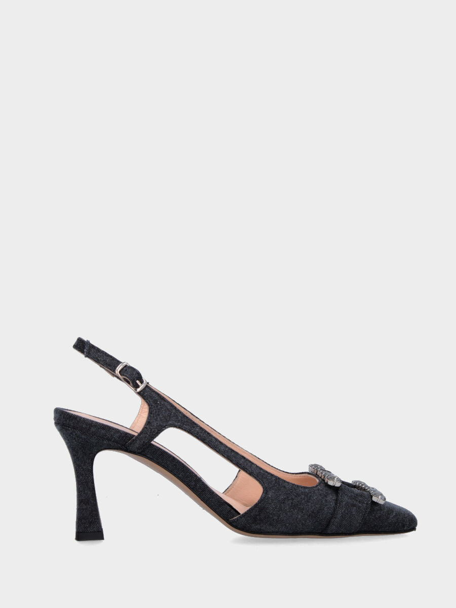 Slingback in cotone nero con punta quadrata stretta e accessorio gioiello