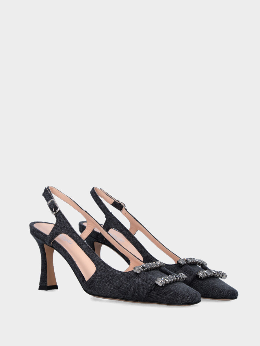 Slingback in cotone nero con punta quadrata stretta e accessorio gioiello