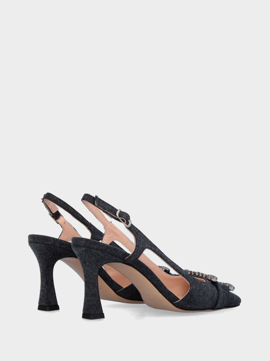 Slingback in cotone nero con punta quadrata stretta e accessorio gioiello