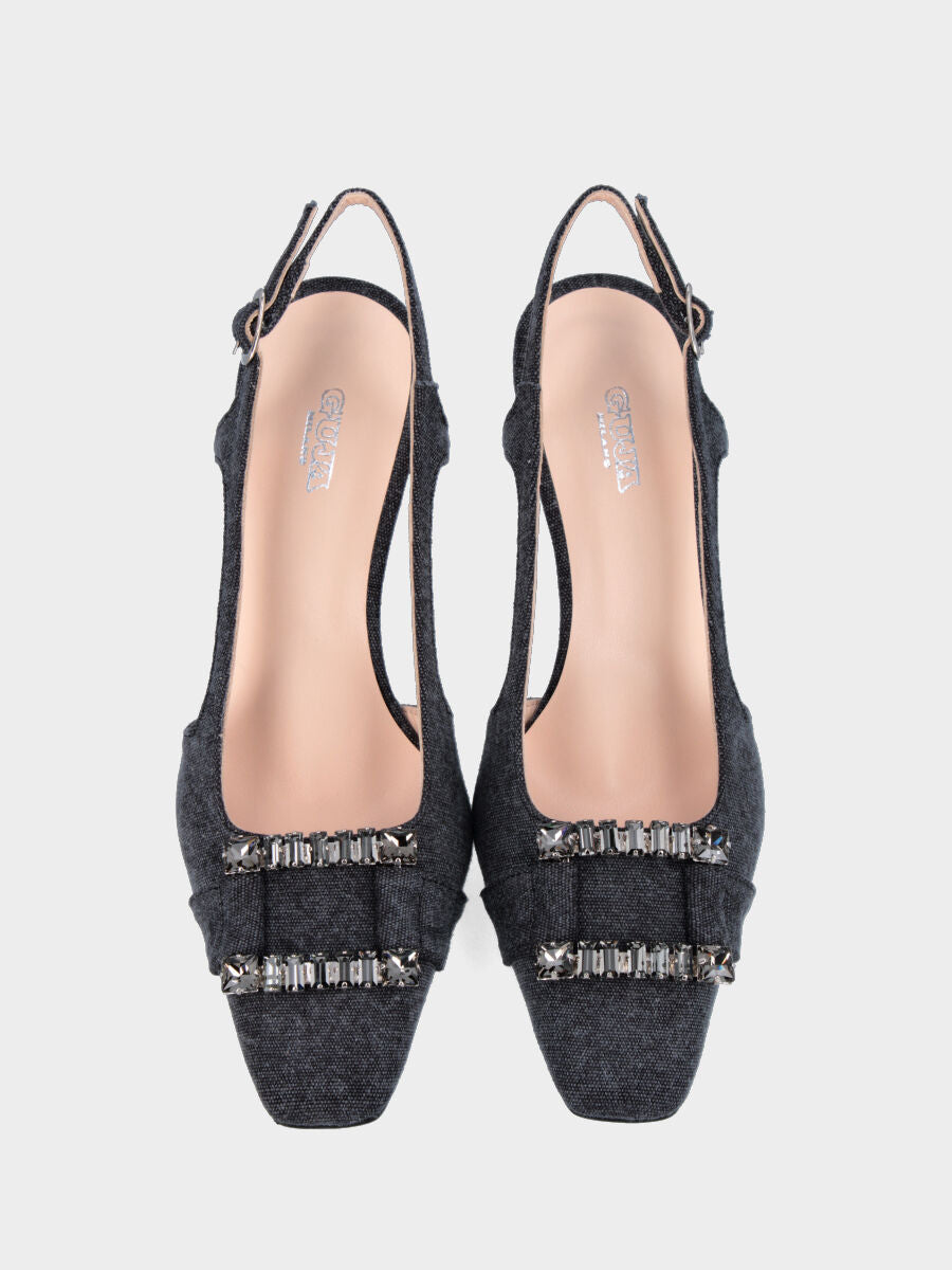 Slingback in cotone nero con punta quadrata stretta e accessorio gioiello