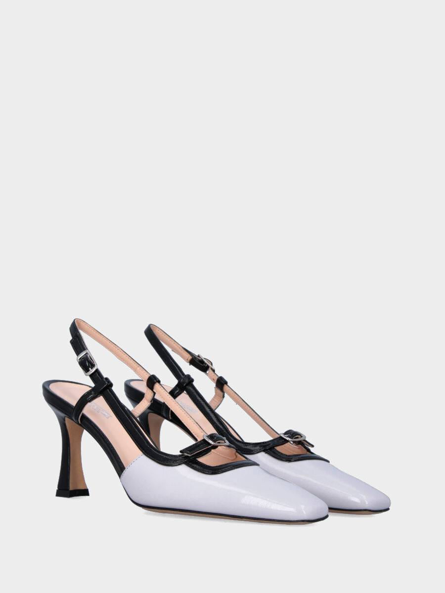 Slingback in verlux bicolore bianco e nero con cinturino regolabile