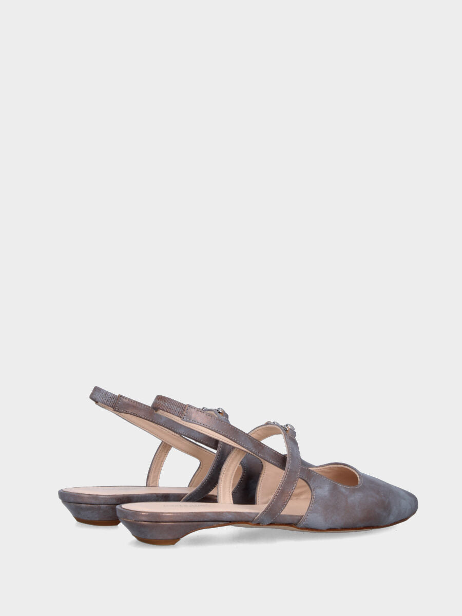 Slingback in laminato bronzo con mini morsetto e tacco semi zeppa