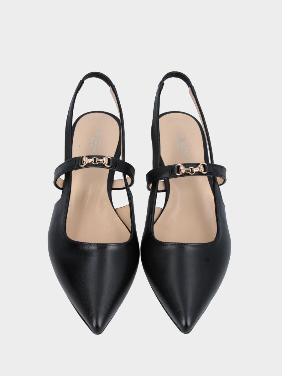 Slingback in nappa nera con mini morsetto e tacco semi zeppa