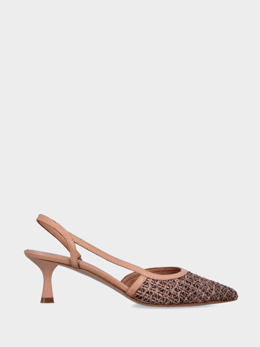 Slingback in rafia nude con cinturino intrecciato asimmetrico