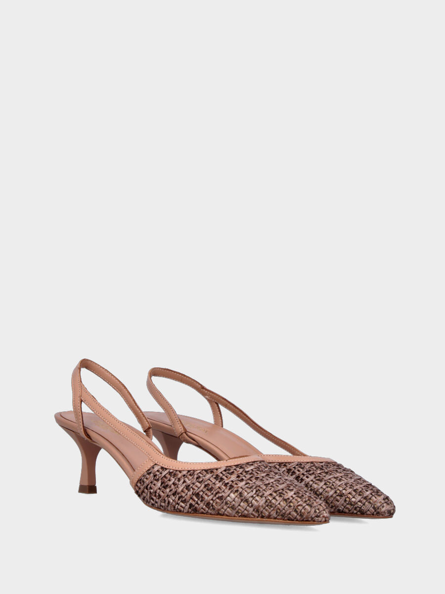 Slingback in rafia nude con cinturino intrecciato asimmetrico