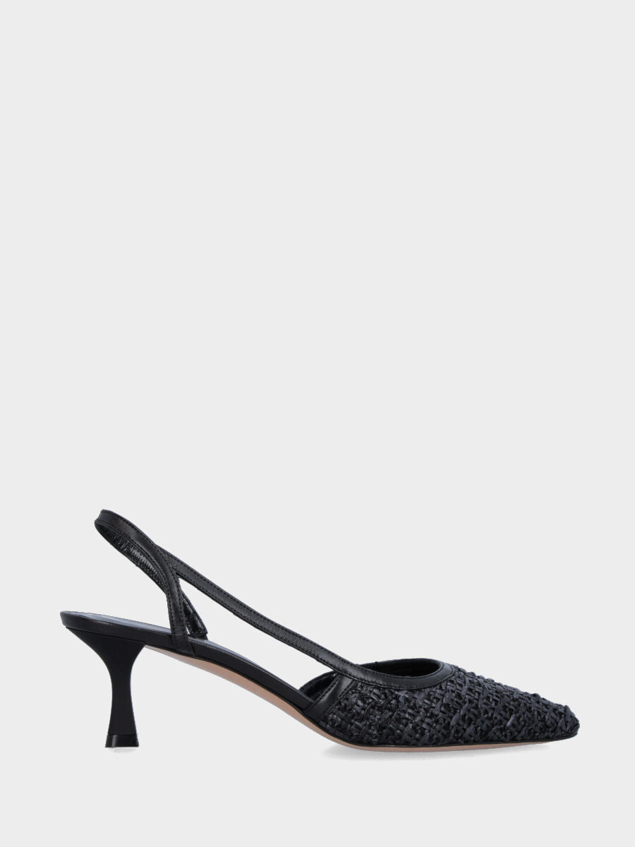 Slingback in rafia nera con cinturino intrecciato asimmetrico
