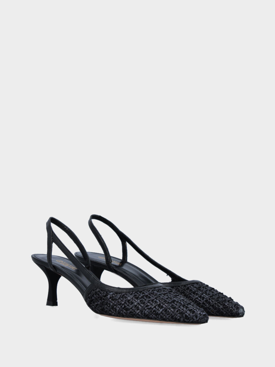 Slingback in rafia nera con cinturino intrecciato asimmetrico