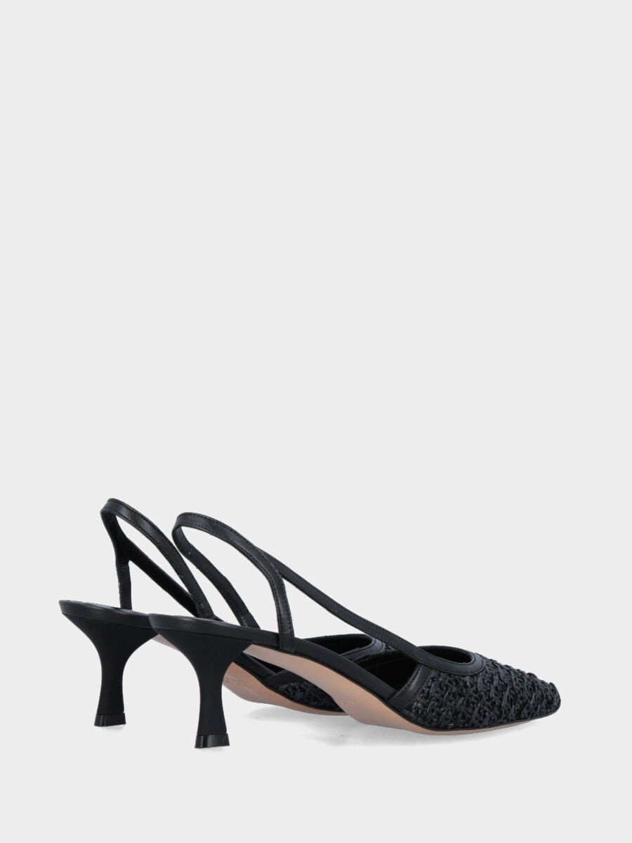Slingback in rafia nera con cinturino intrecciato asimmetrico