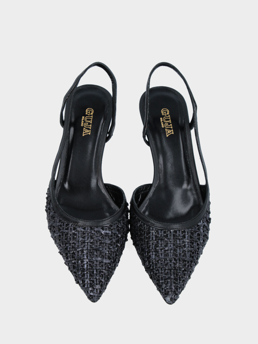 Slingback in rafia nera con cinturino intrecciato asimmetrico