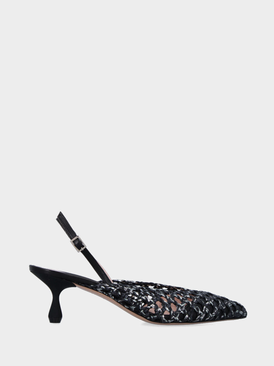 Slingback in rafia nera intrecciata e traforata con tacco a calice