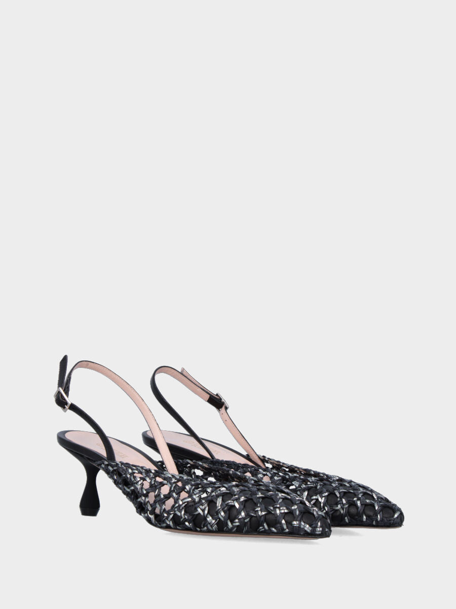 Slingback in rafia nera intrecciata e traforata con tacco a calice