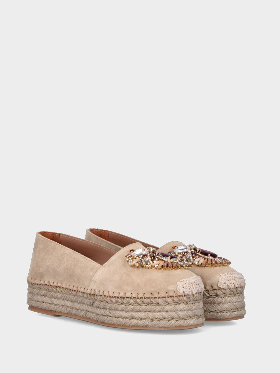 Espadrillas in camoscio beige con strass multicolor